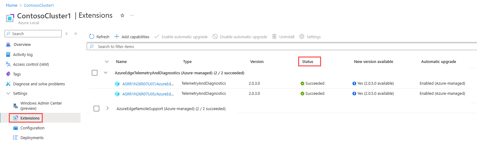 Screenshot of the different extension statuses in the Azure portal.