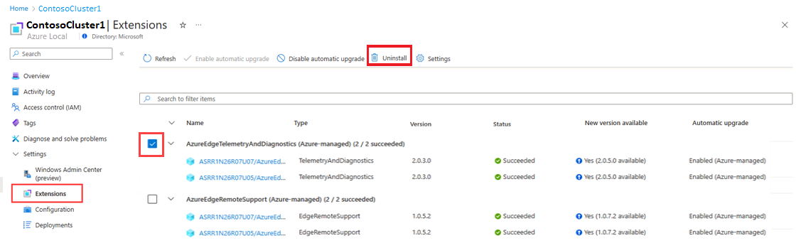 Screenshot of how to uninstall an extension in the Azure portal.