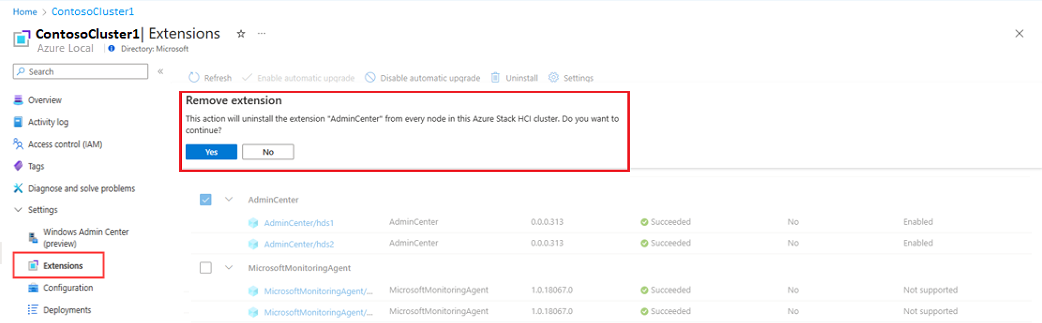 Screenshot of the notification to uninstall an extension in the Azure portal.