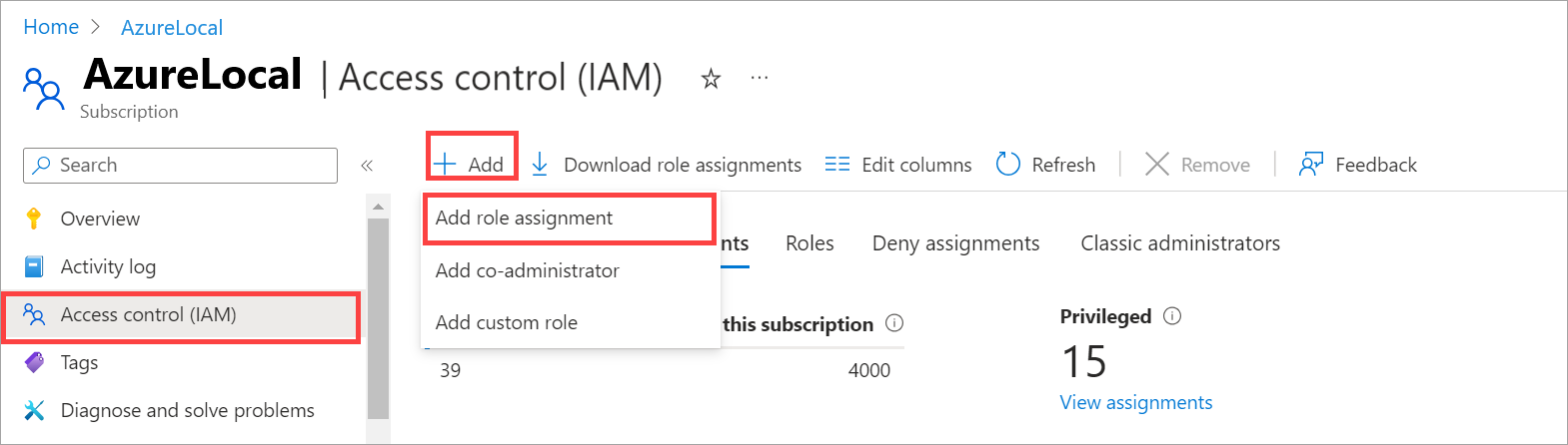 Screenshot showing RBAC role assignment in Azure portal for your Azure Local.