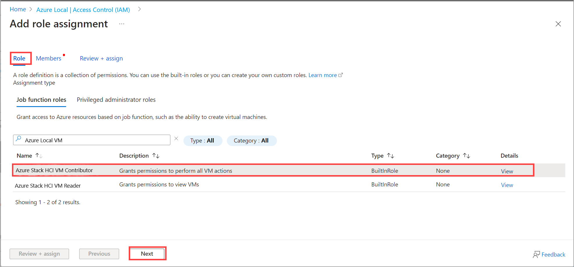 Screenshot showing Role tab during RBAC role assignment in Azure portal for your Azure Local instance.