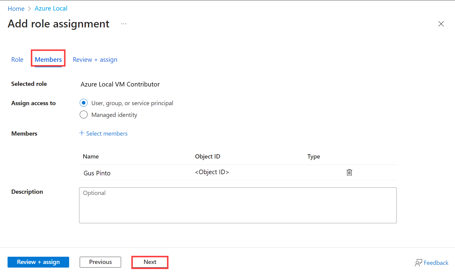 Screenshot showing Members tab during role assignment in Azure portal for your Azure Local instance.