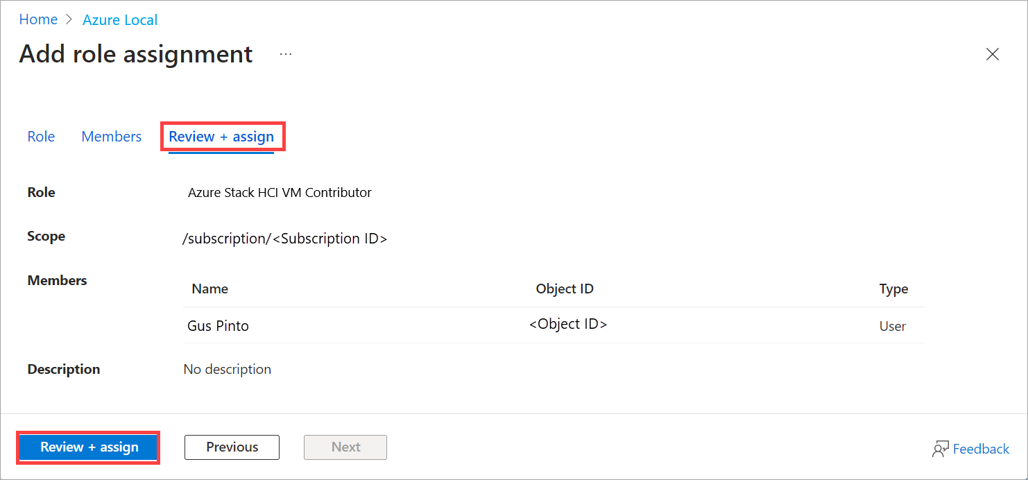 Screenshot showing Review + assign tab during role assignment in Azure portal for your Azure Local instance.
