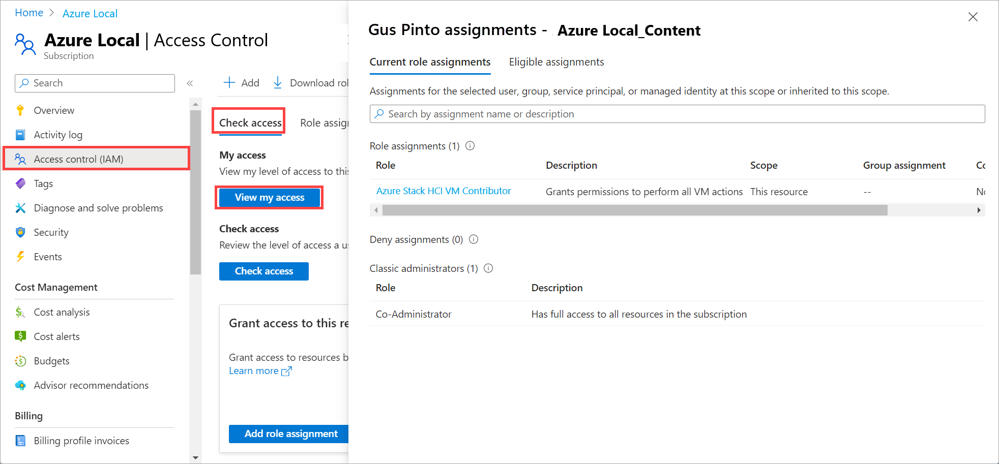 Screenshot showing newly assigned role in Azure portal for your Azure Local instance.