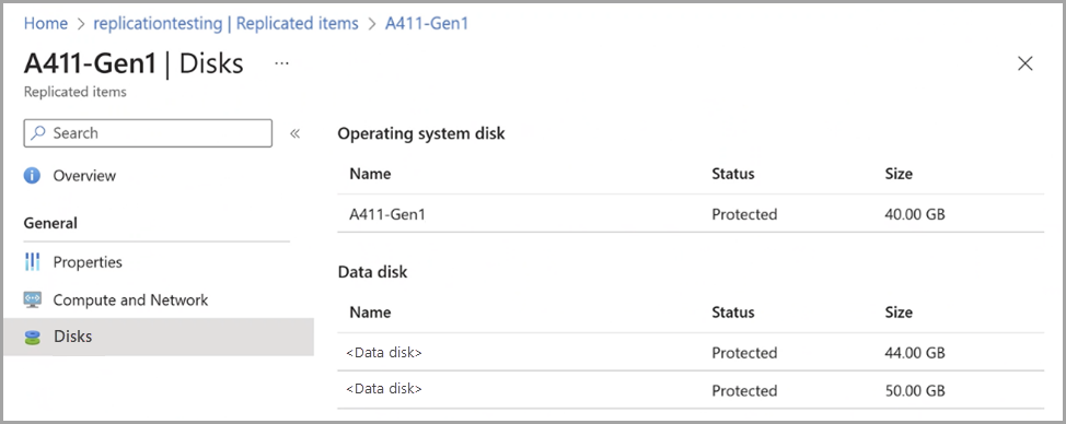 Screenshot of Disks for a selected replicated VM in Azure portal for Azure Local resource.