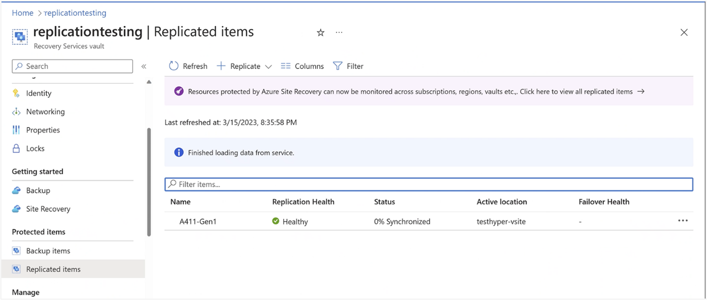 Screenshot of Replicated items in Azure portal for Azure Local resource.