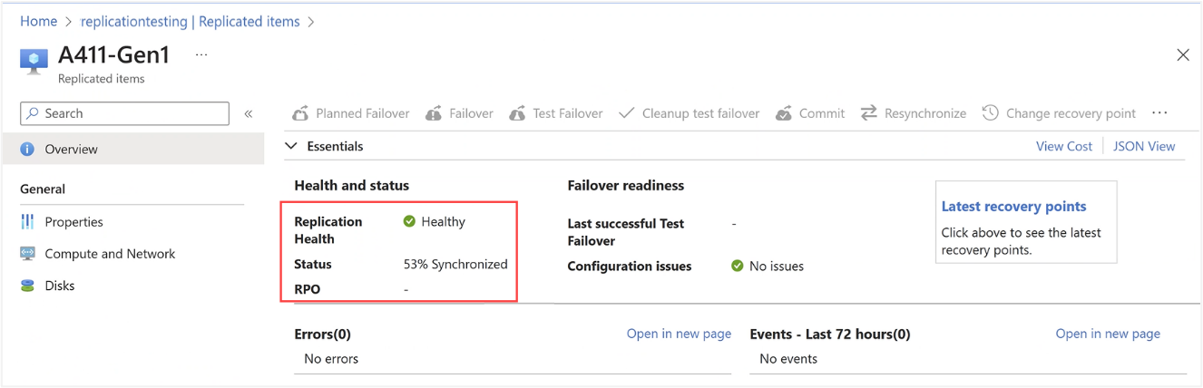 Screenshot of Overview of a replicated item in Azure portal for Azure Local resource.