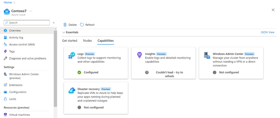 Screenshot of Capabilities tab in Azure portal for Azure Local resource.