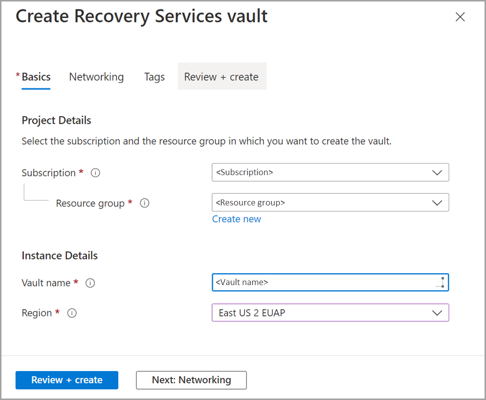 Screenshot of Create Recovery Services vault in Azure portal for Azure Local resource.