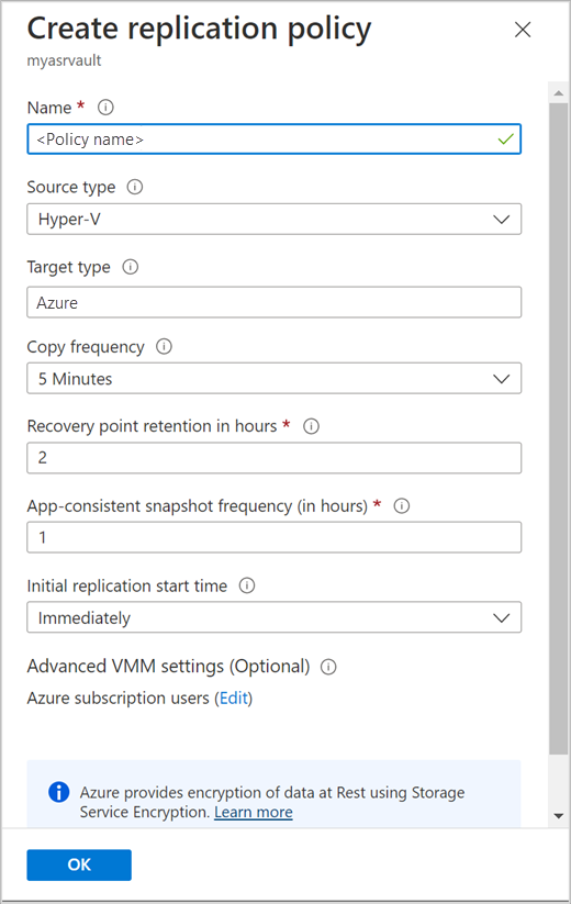 Screenshot of Create replication policy in Azure portal for Azure Local resource.