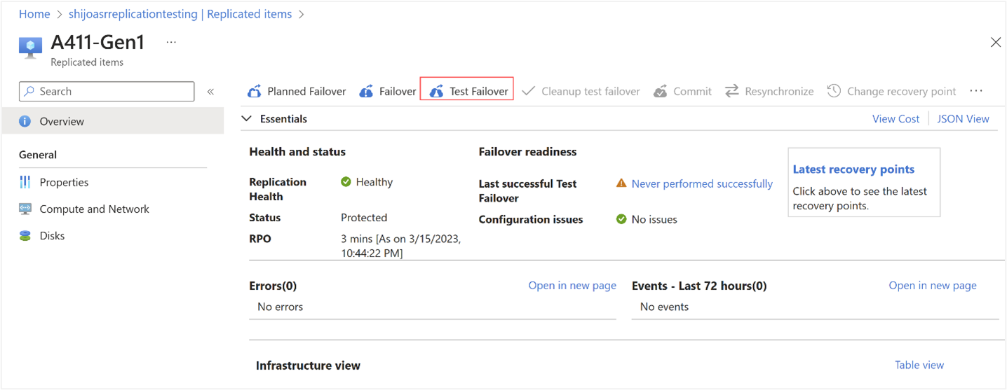 Screenshot of Test failover for a selected replicated VM in Azure portal for Azure Local resource.