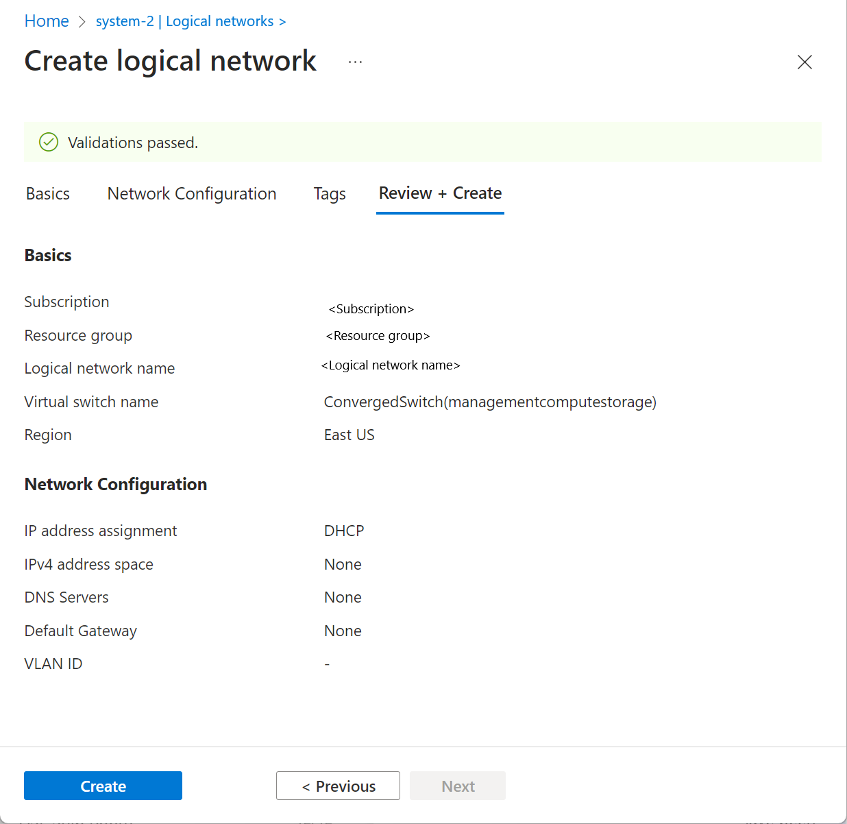 Screenshot of Review + Create for the DHCP logical network.