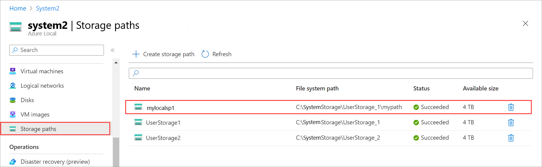 Screenshot of new storage path added to list of storage paths.