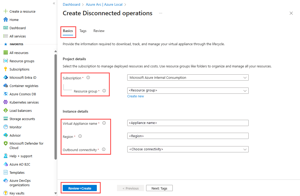 Screenshot of the Basics page and required fields to create a virtual appliance.
