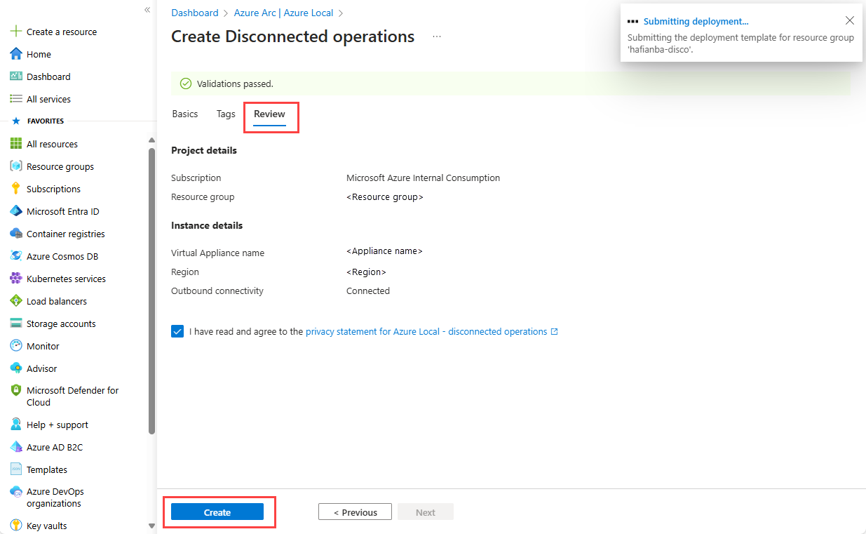 Screenshot of the validation page to create your virtual appliance resource.