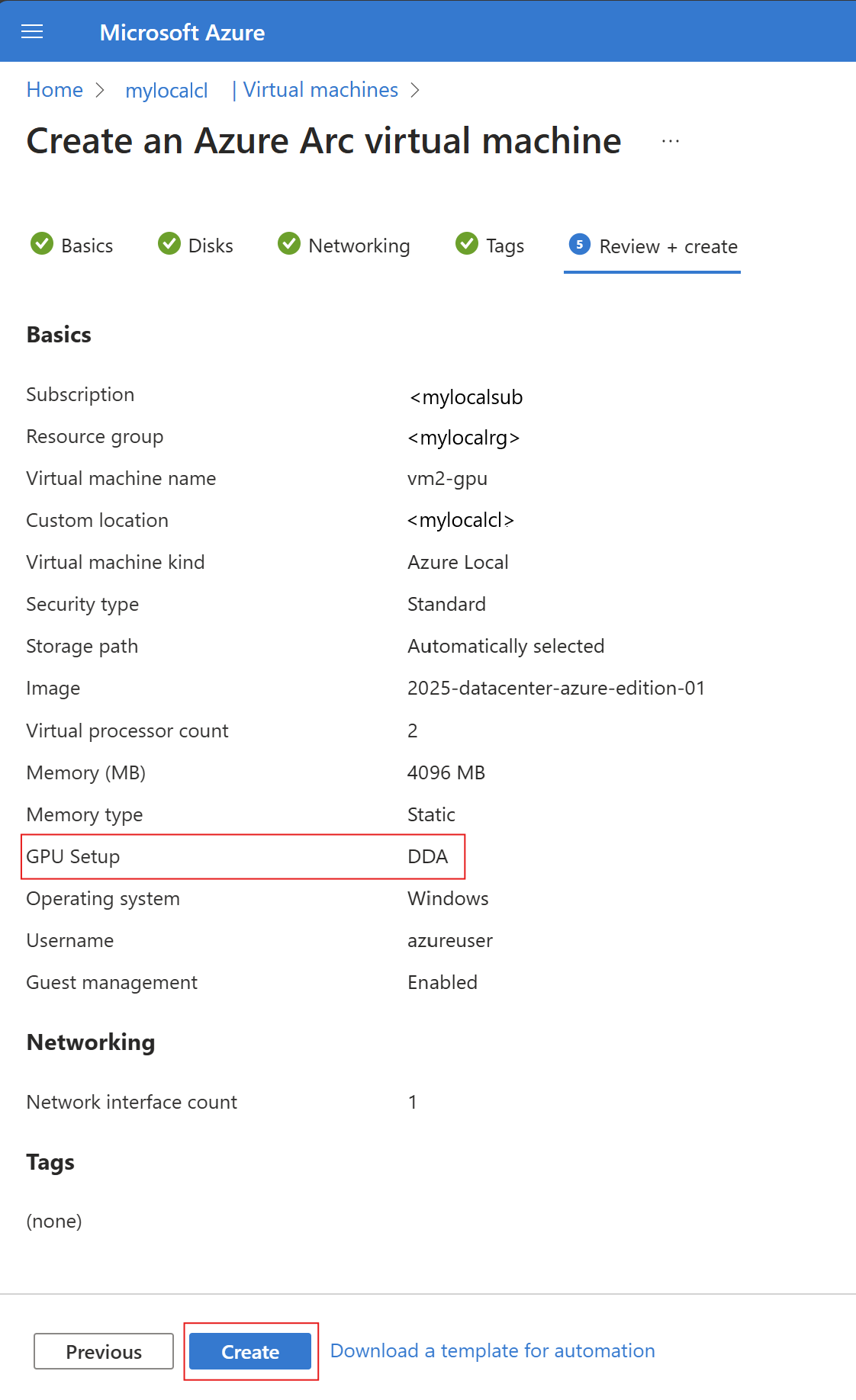 Screenshot of review page for attach GPU using DDA method.