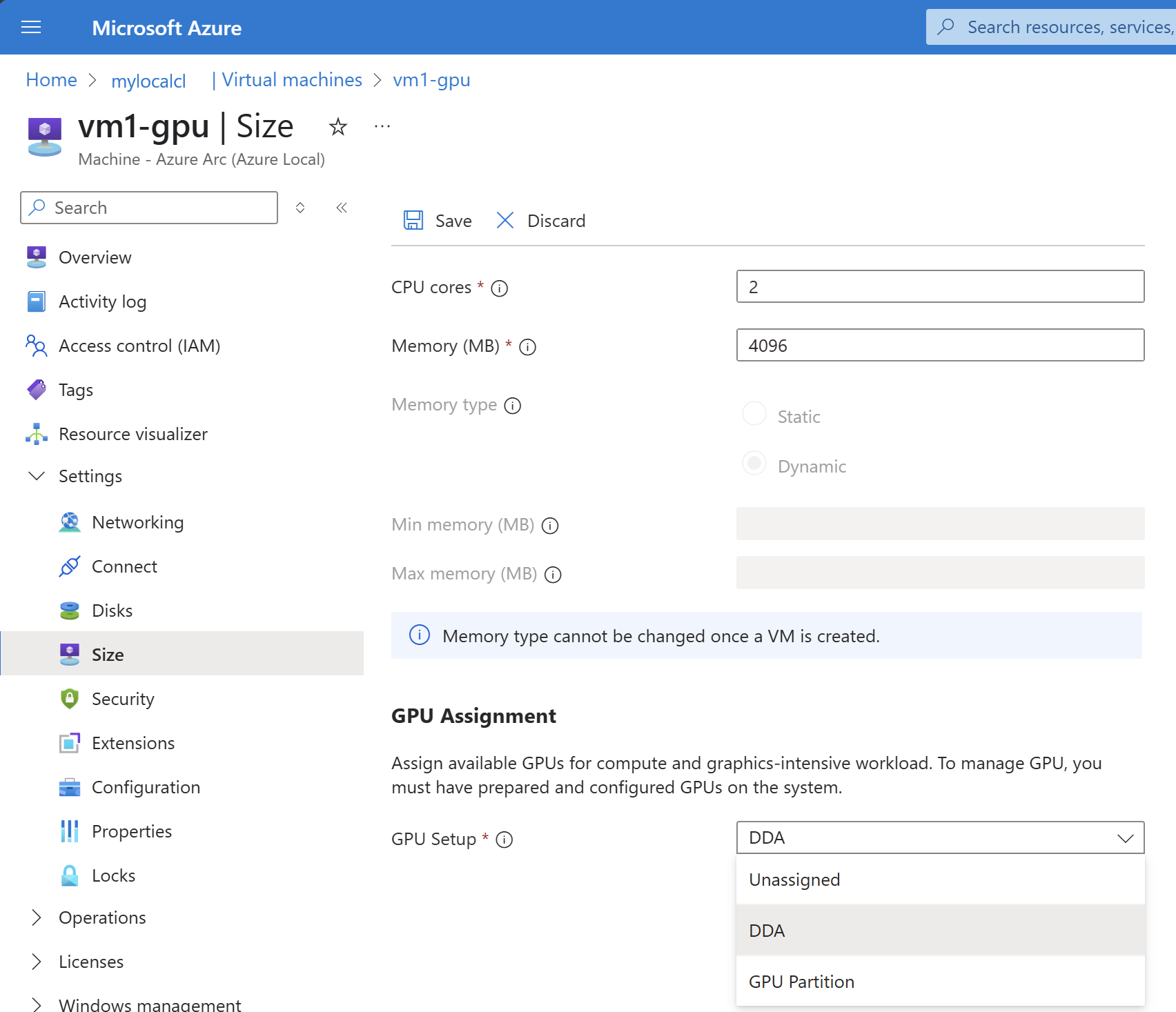 Screenshot of attach GPU using DDA after VM creation.