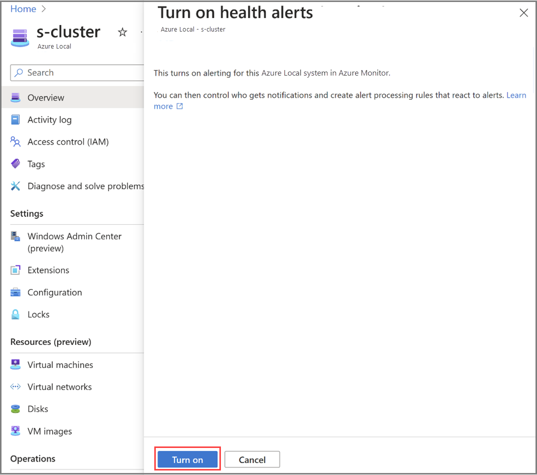 Screenshot of health alerts pane on the right with Turn on button selected.