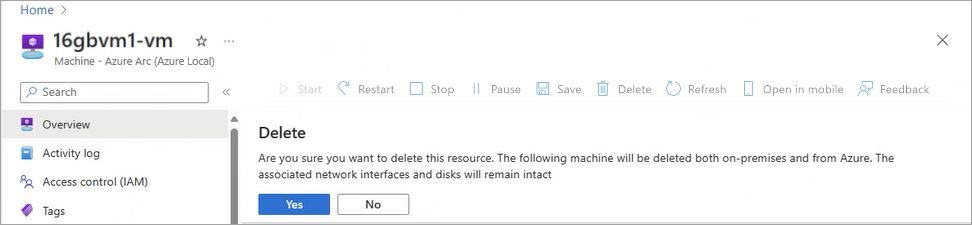 Screenshot of the warning for deleting a virtual machine.