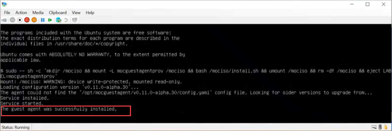 Screenshot that shows that the guest agent is successfully enabled on a VM.