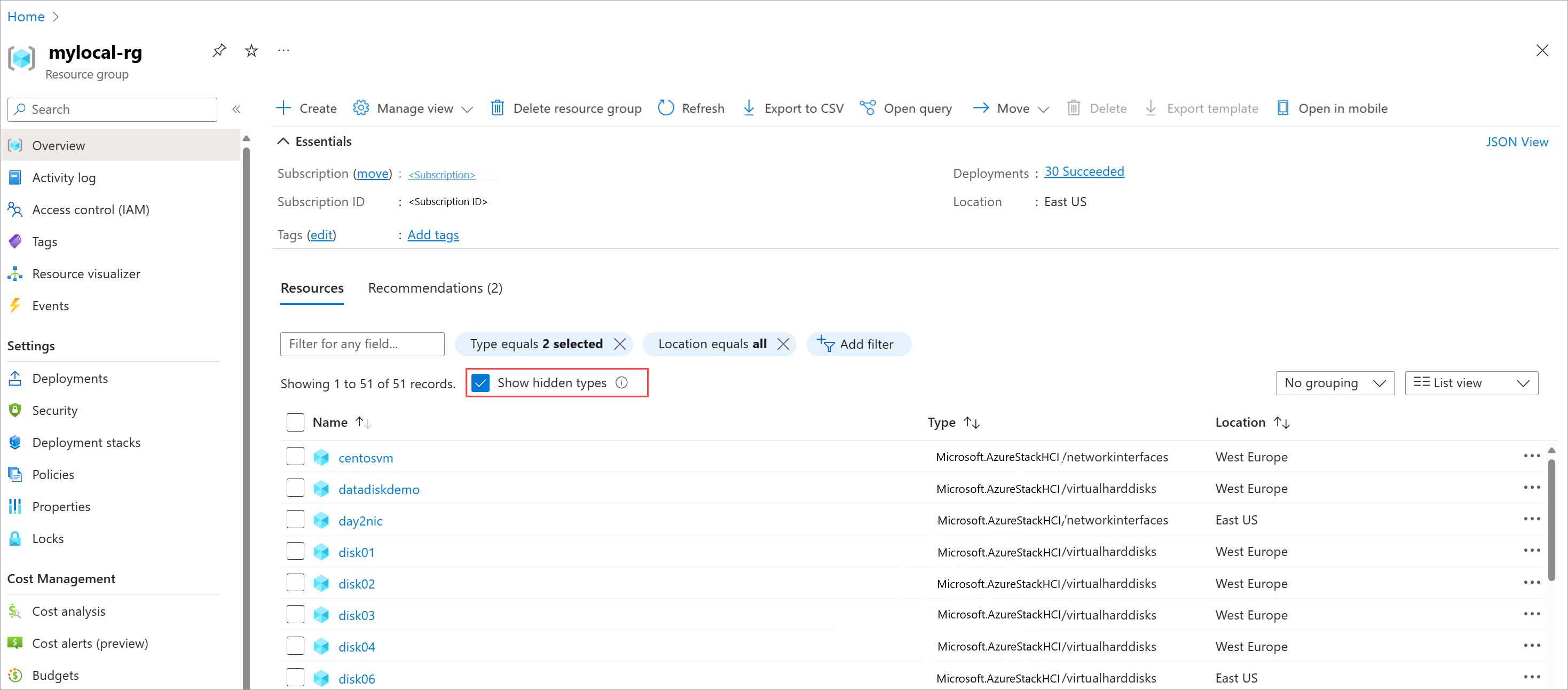 Screenshot of hidden types of resources associated with a virtual machine.