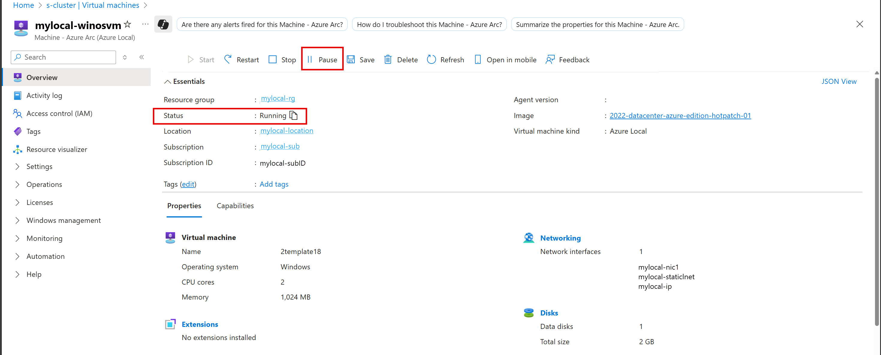 Screenshot of the button for pausing a virtual machine on the overview page.