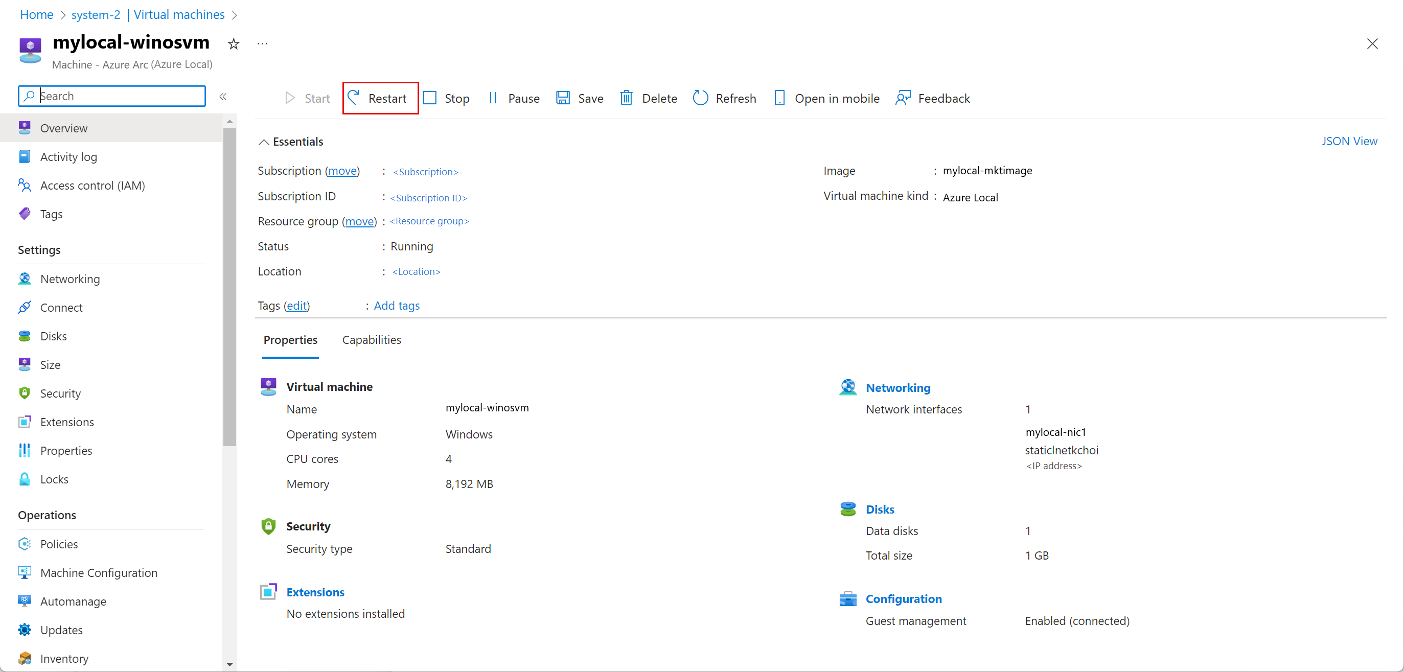 Screenshot of the button for restarting a virtual machine on the overview page.