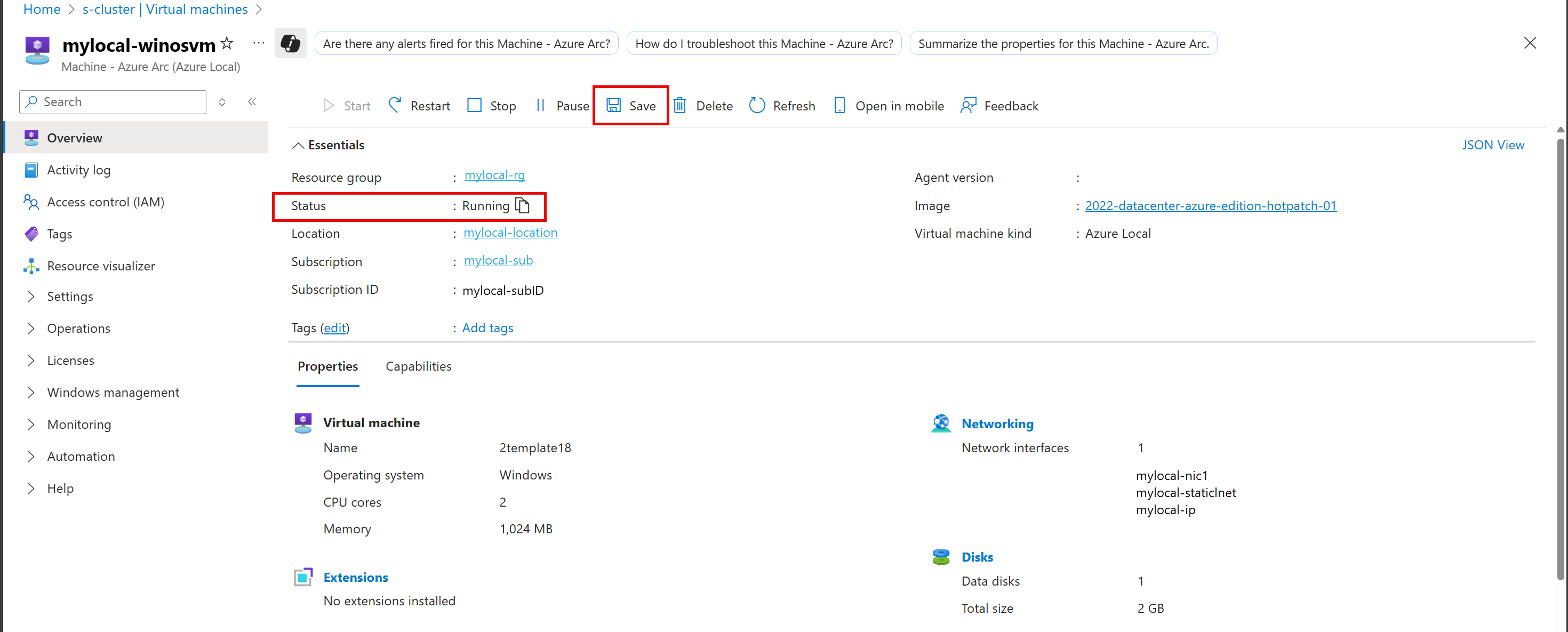 Screenshot of the button for saving a virtual machine on the overview page.