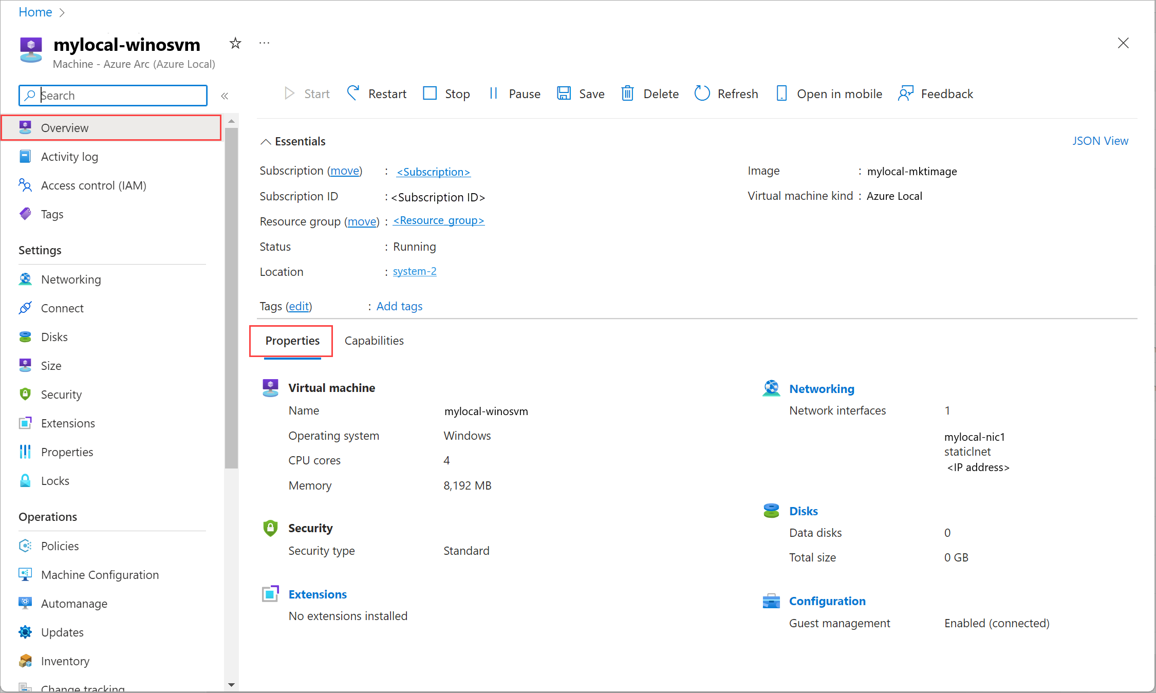 Screenshot of the properties of a selected Azure Local virtual machine.
