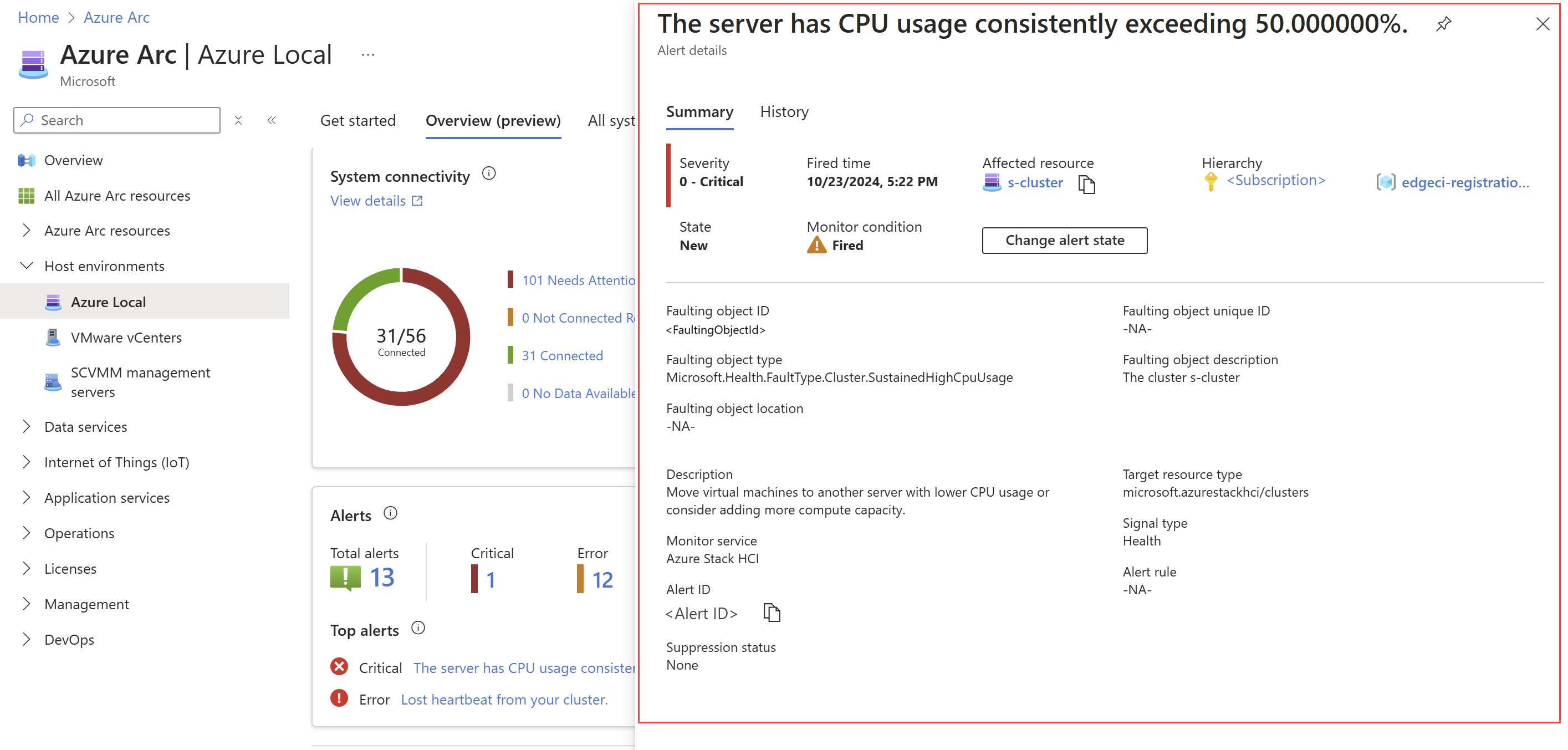 Screenshot of the Azure Local dashboard alert details.