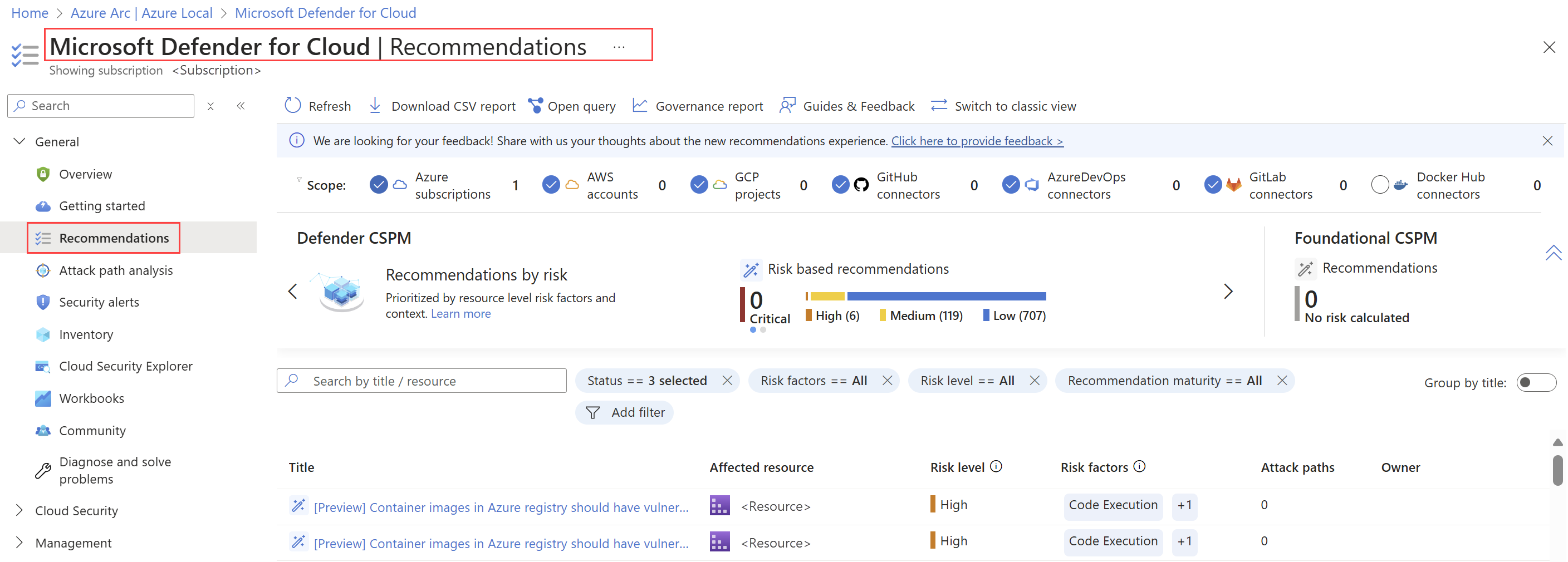 Screenshot of the Microsoft Defender for Cloud Recommendations dashboard.