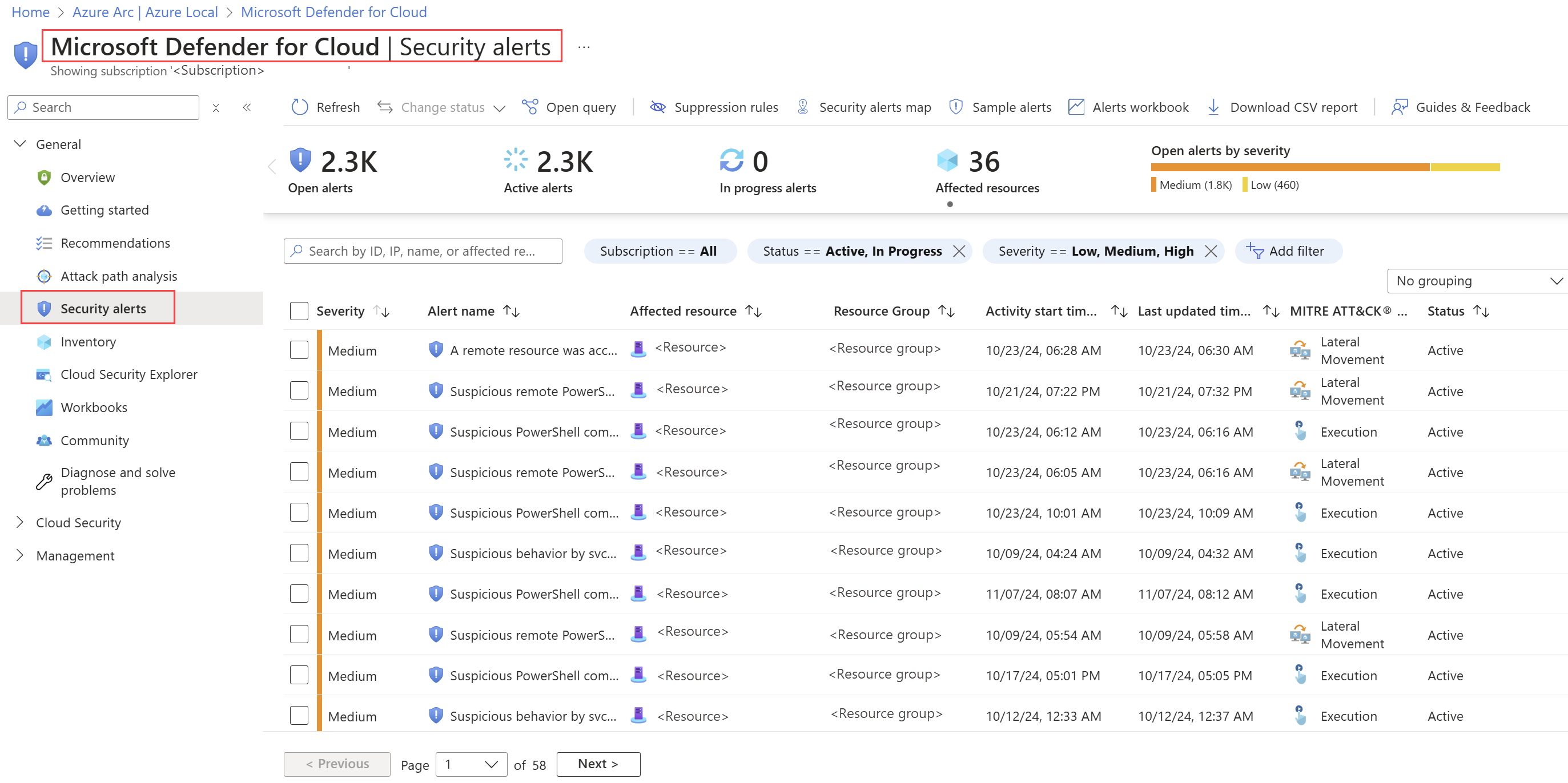 Screenshot of the Microsoft Defender for Cloud Security alerts dashboard.