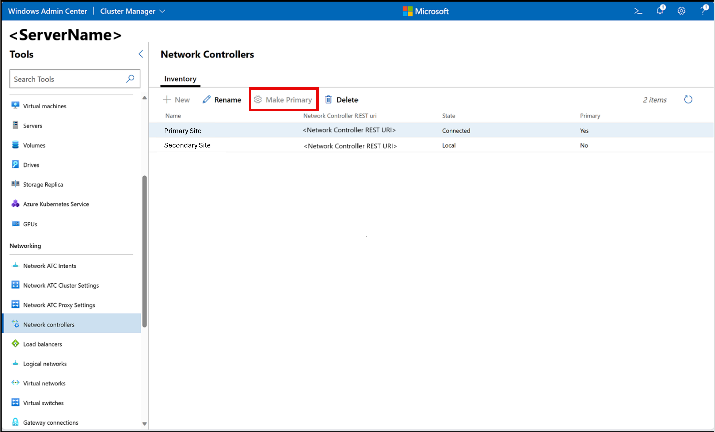 Screenshot that shows the Make Primary button used for converting a secondary site into primary.