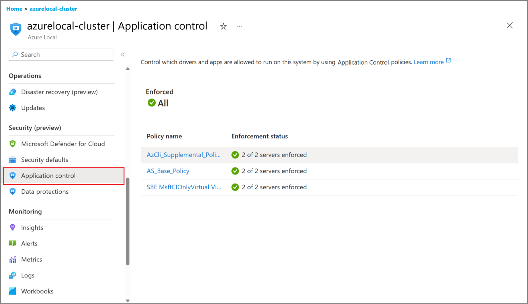 Screenshot that shows the Application Control page on Azure portal.