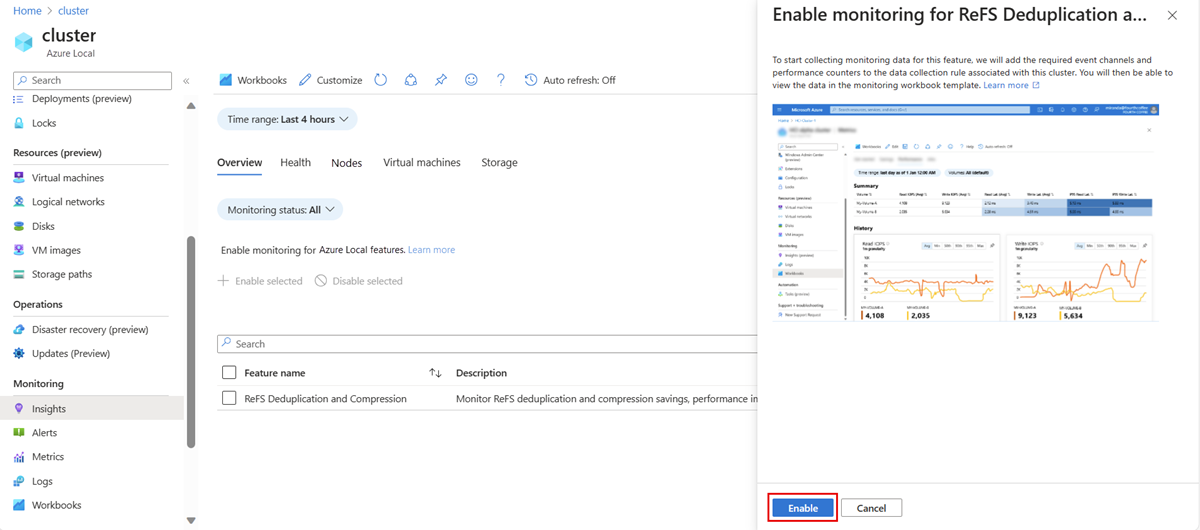 Screenshot that shows the Enable button to enable monitoring of the ReFS deduplication and compression feature.