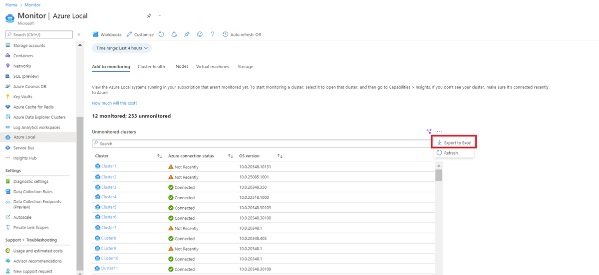 Screenshot showing the link for exporting to Excel.