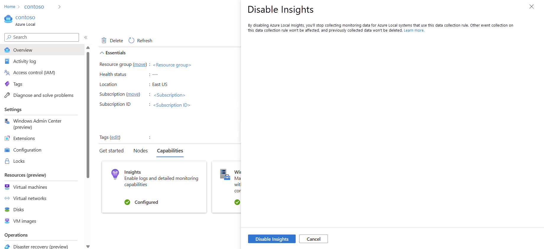 Screenshot showing the Disable Insights window.