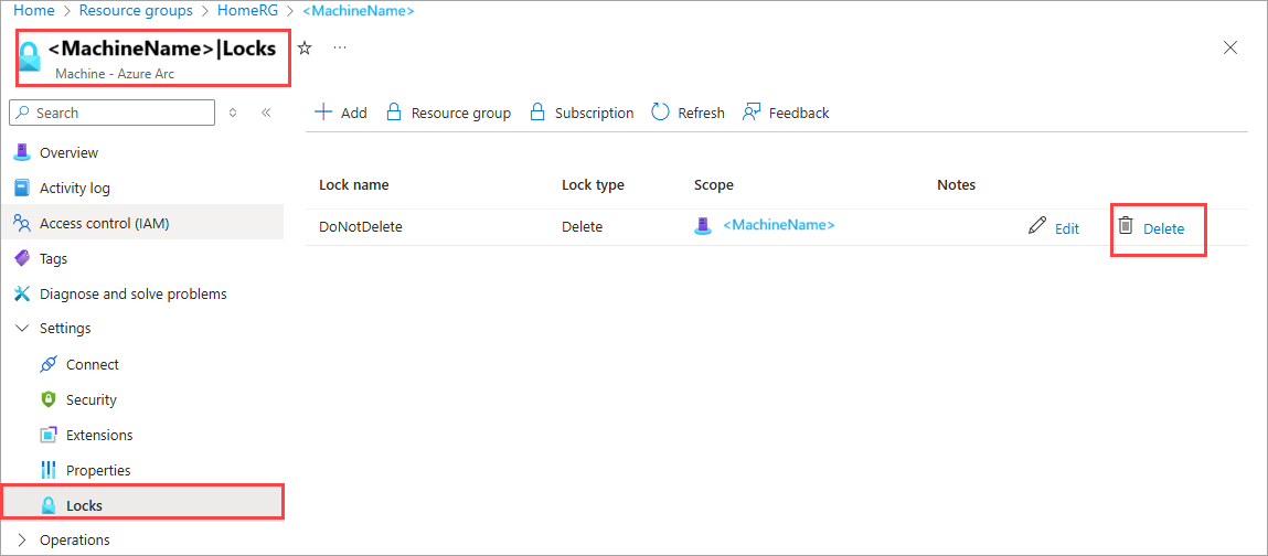 Screenshot of deletion of resource lock on the faulty Azure Arc machine node.