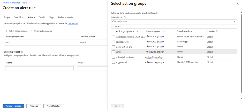 Screenshot of the Select action groups context pane on the Create an alert rule page.