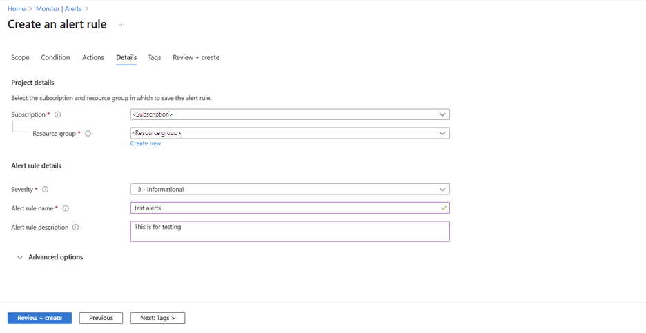 Screenshot of the Details tab on the Create an alert rule page.