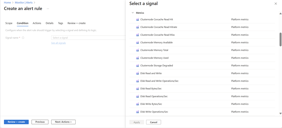 Screenshot of the Select a signal pane on the right.