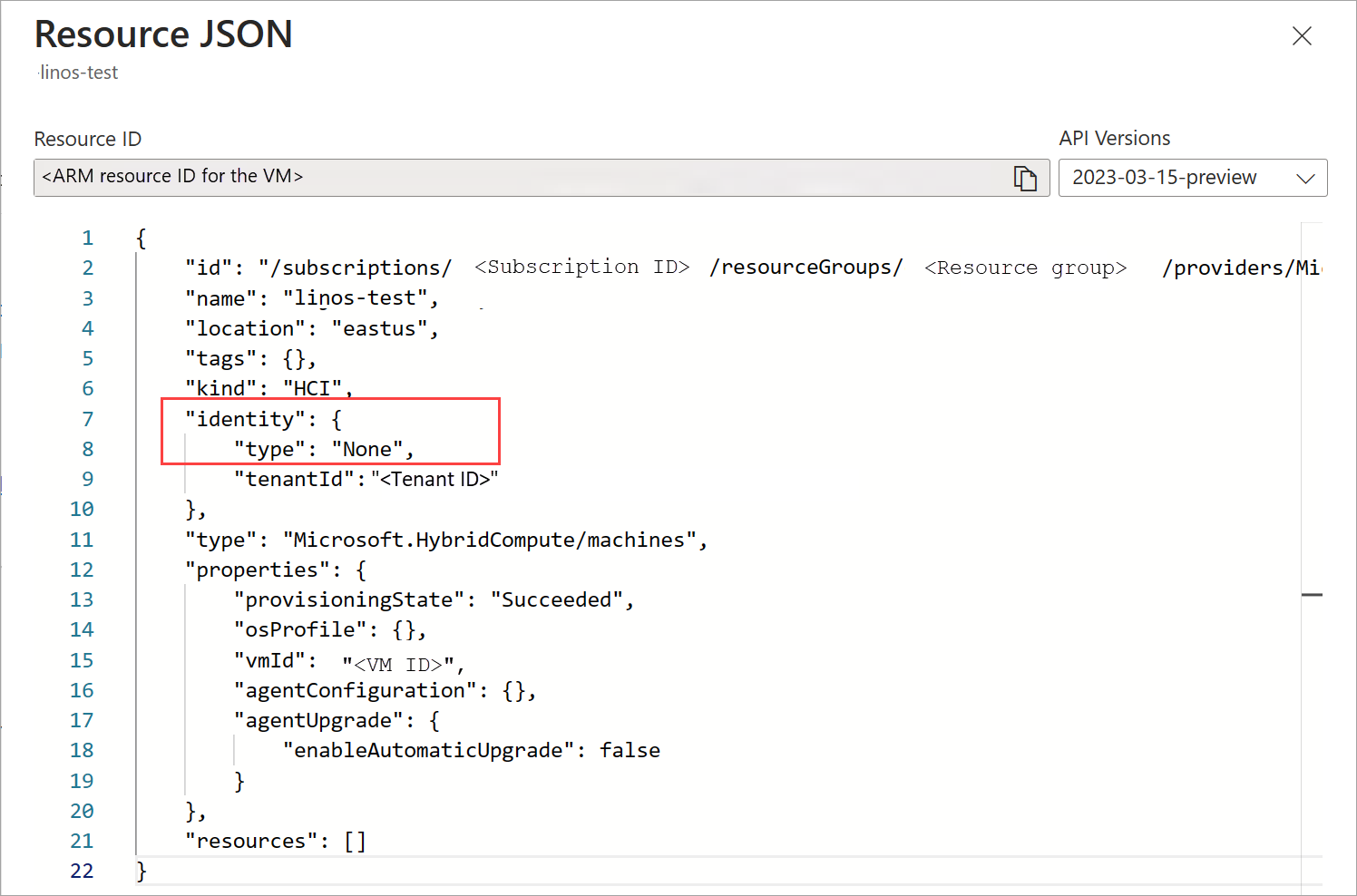 Screenshot of JSON view indicating the Managed Identity is absent.
