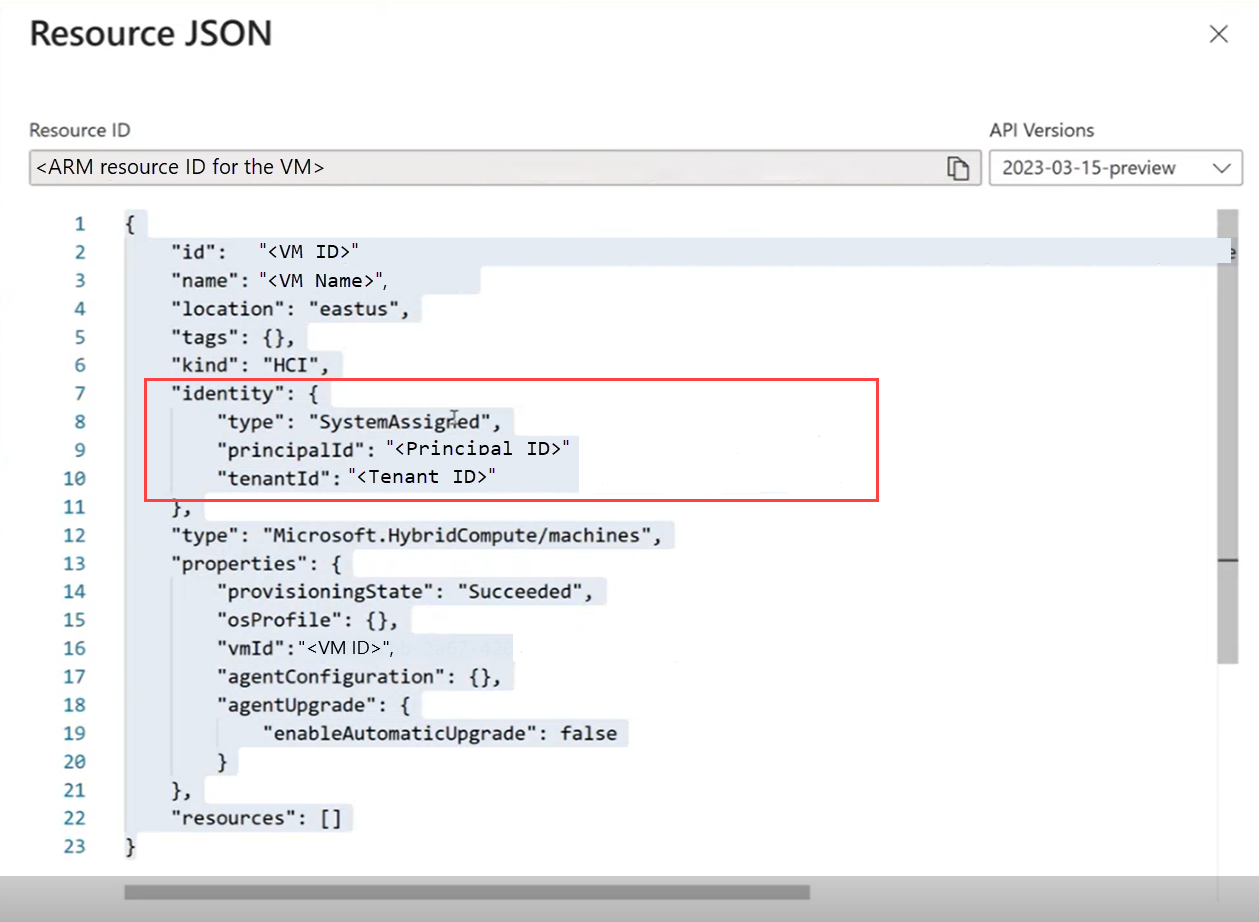 Screenshot of JSON view when Managed Identity is enabled.