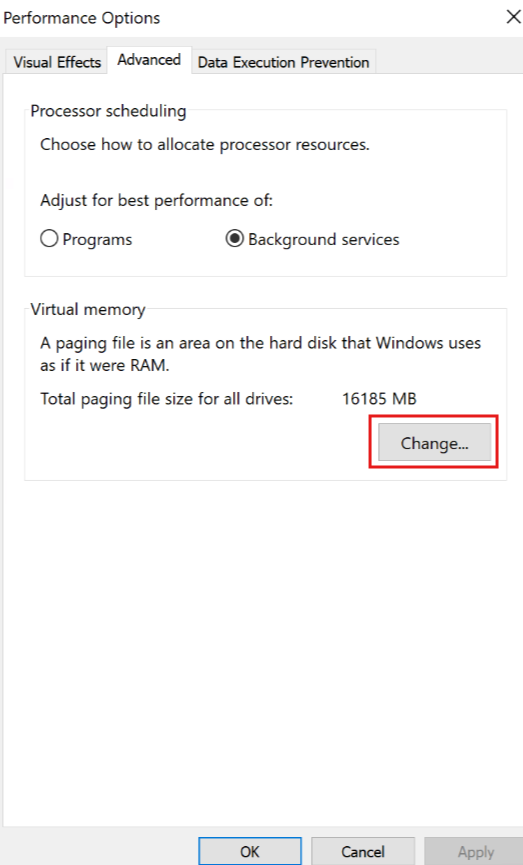 Screenshot of the Performance Options window highlighting the Change button.