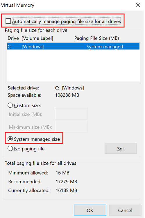 Screenshot of the Virtual Memory window showing options to configure the paging file size for each drive.