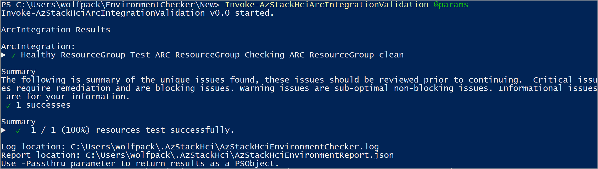 Screenshot of a passed report after running the Arc integration validator.