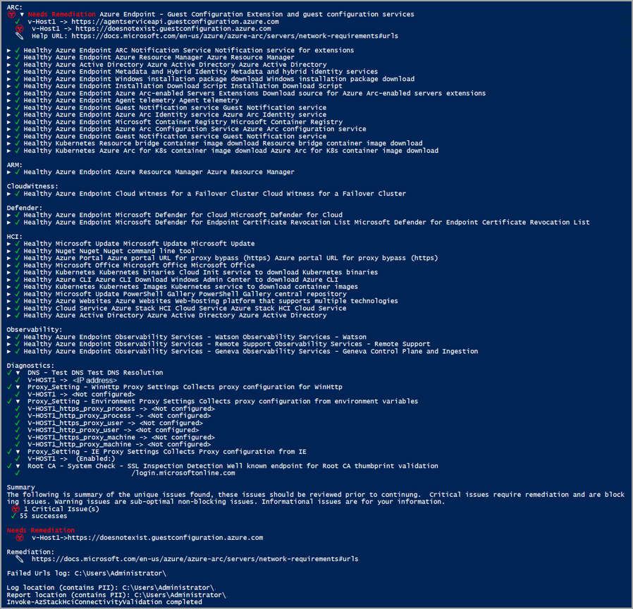 Screenshot of a failed report after running the connectivity validator.