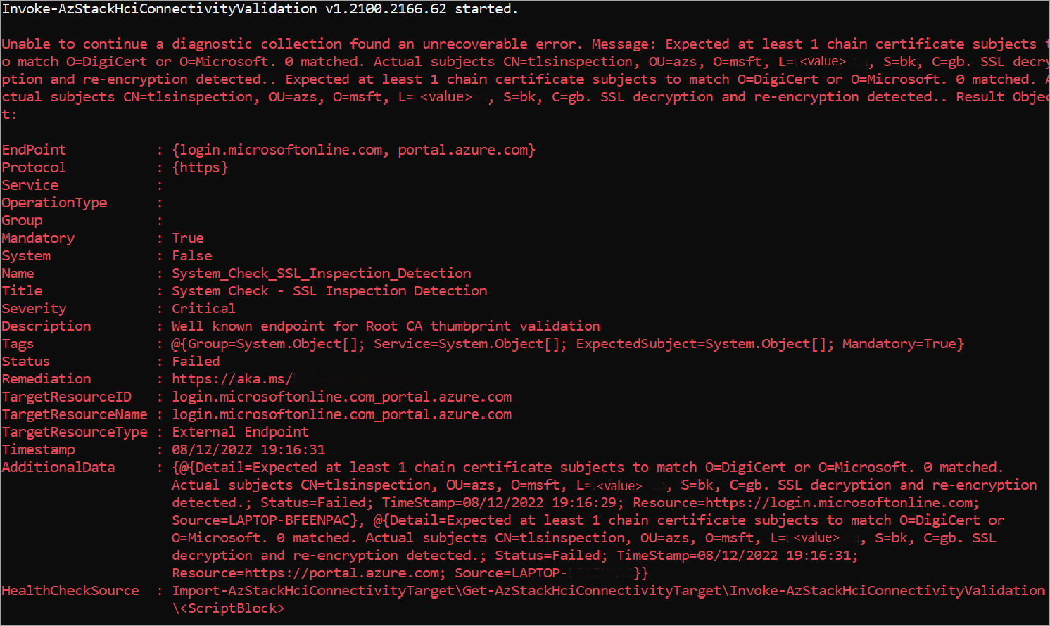 Screenshot of the error when the connectivity validation fails.