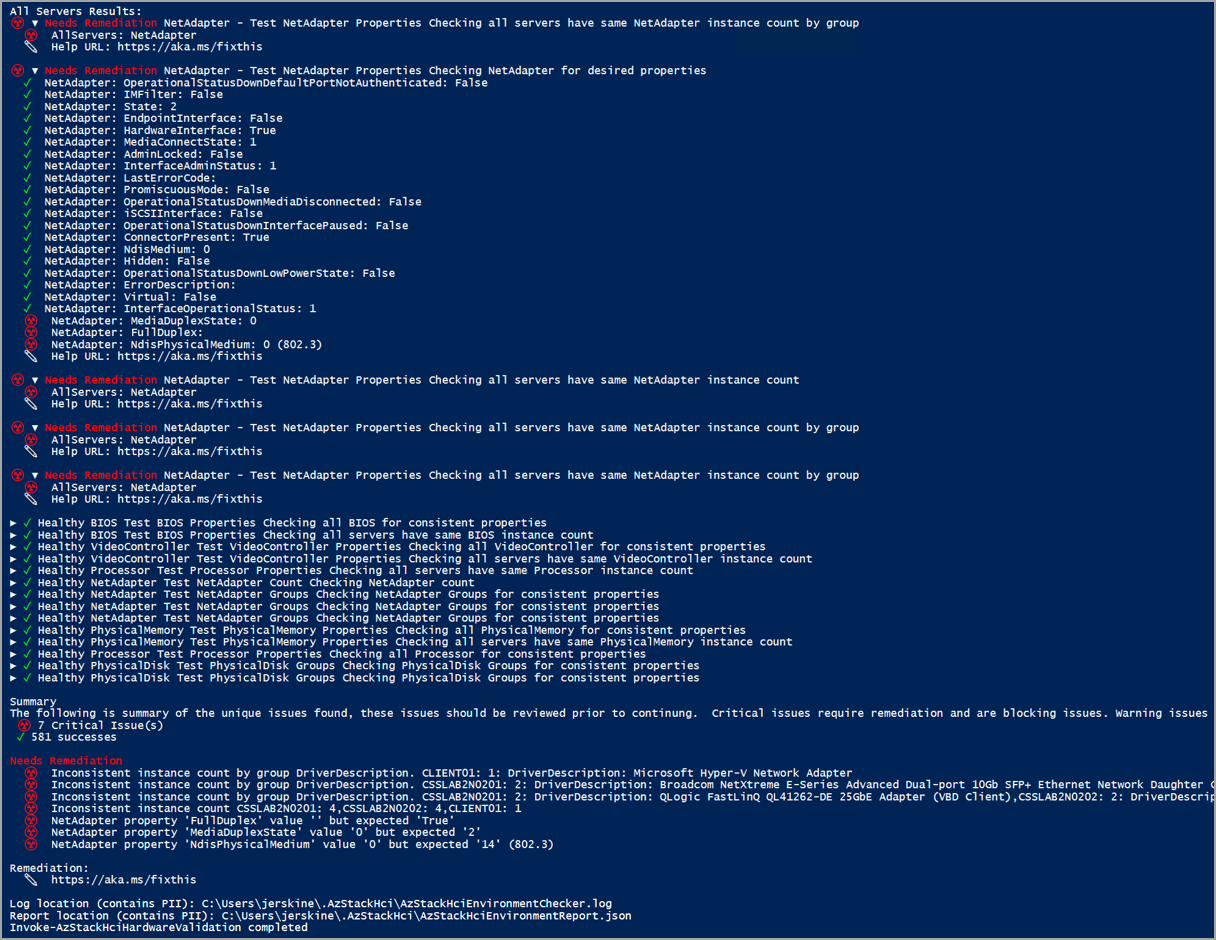 Screenshot of a failed report after running the hardware validator.