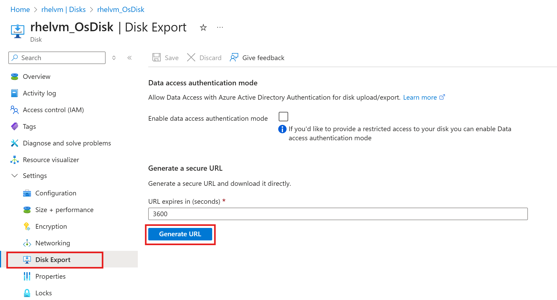 Screenshot of the disk export option with secure URL generation.